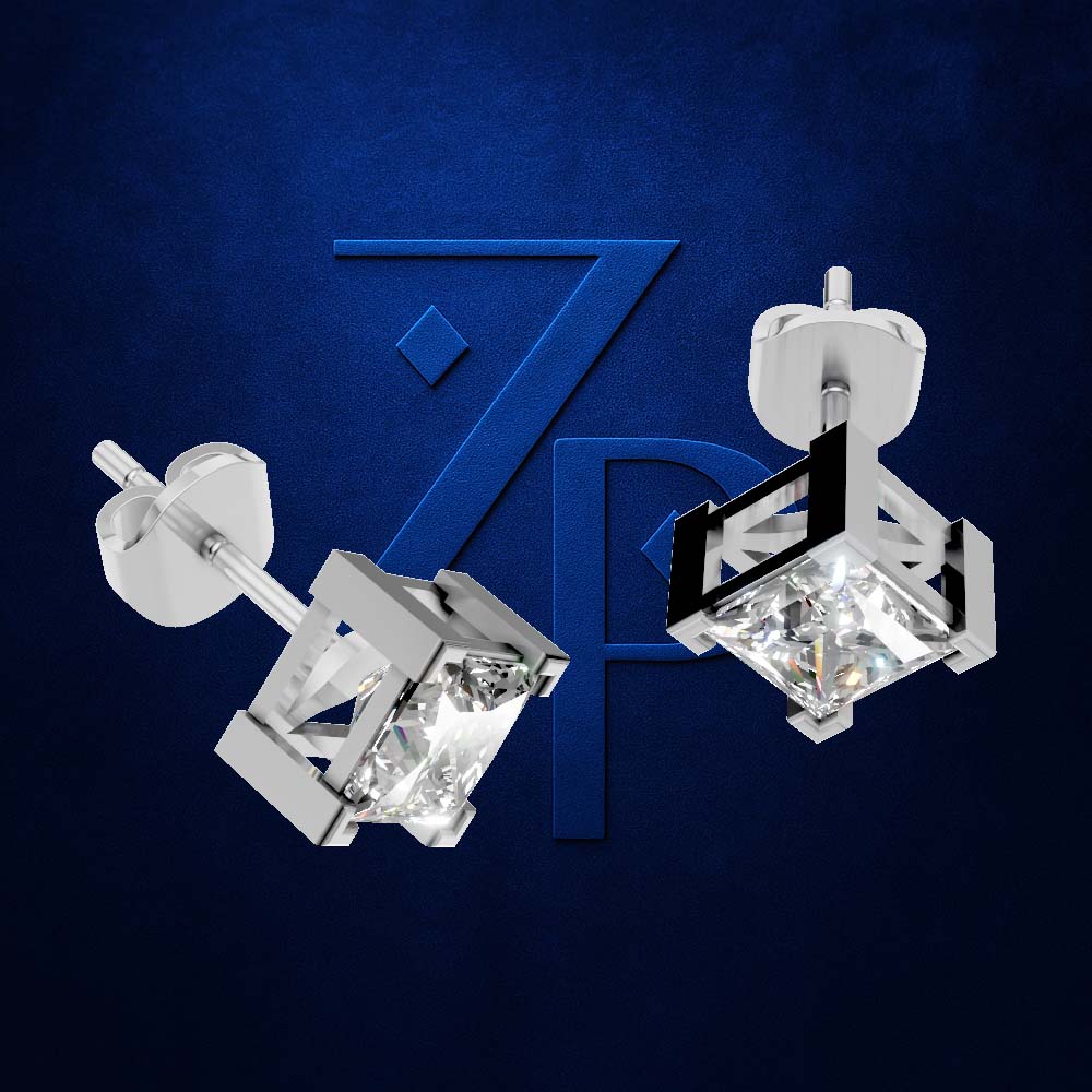 Two silver-toned stud earrings with clear faceted gemstones, shown against a dark blue textured background with a large stylized blue '7P' logo.