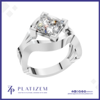 A silver-plated ring featuring a square princess-cut diamond center stone, presented on a white background with a blue border and the brand name 'PLATIZEM' at the bottom.