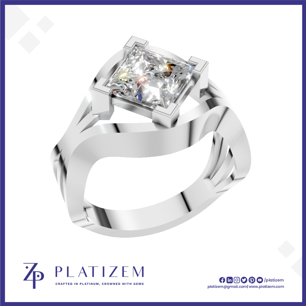 A silver-plated ring featuring a square princess-cut diamond center stone, presented on a white background with a blue border and the brand name 'PLATIZEM' at the bottom.