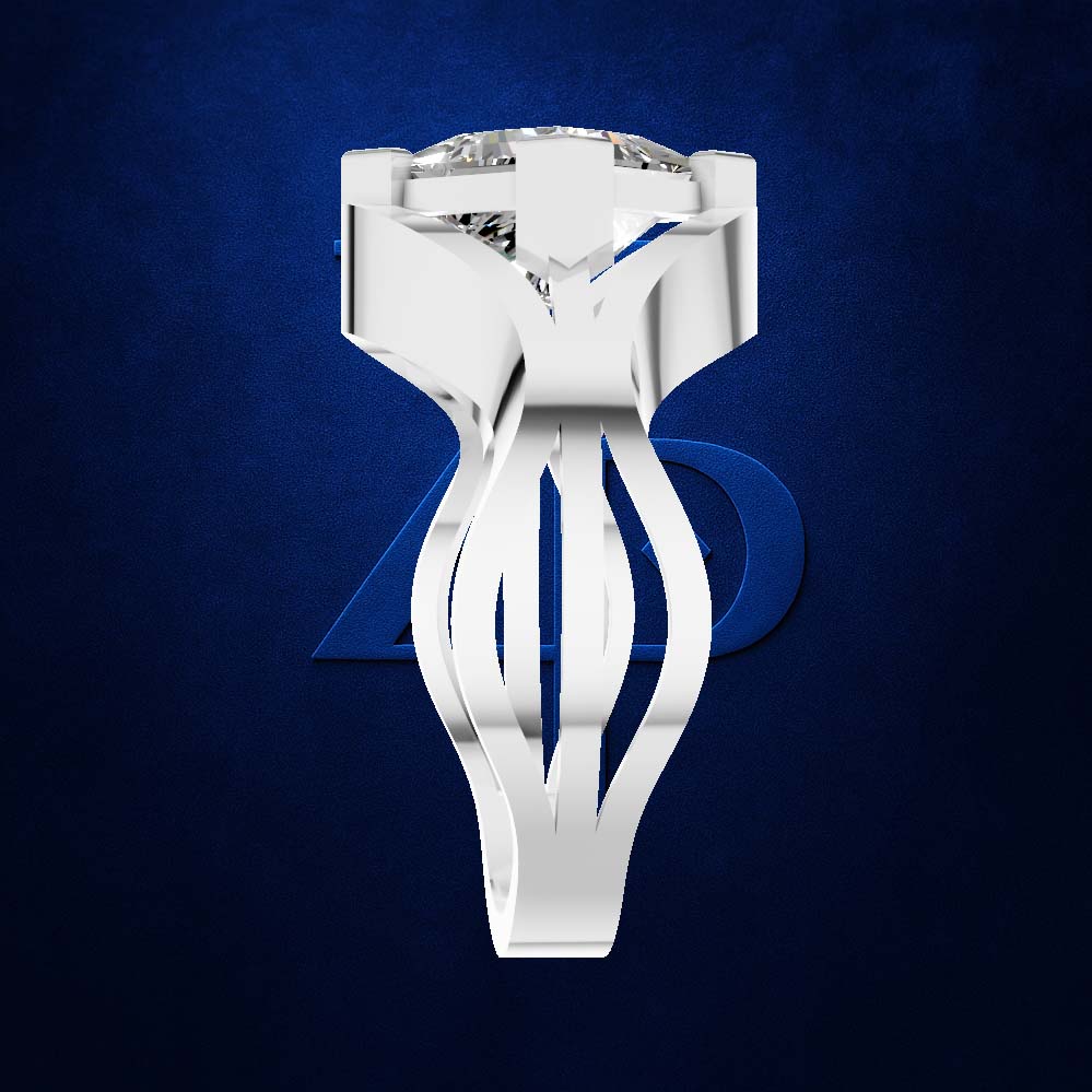A sculptural white diamond ring with a highly polished, geometric band and a brilliant-cut center stone, set against a dark textured blue background.
