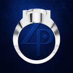 A polished silver-toned ring with a circular face featuring a dark blue recessed center and a stylized blue '4P' monogram, shown on a textured dark blue background.