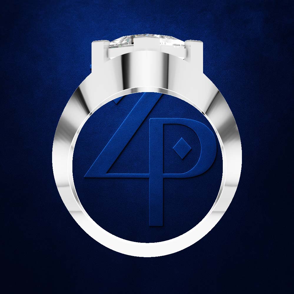 A polished silver-toned ring with a circular face featuring a dark blue recessed center and a stylized blue '4P' monogram, shown on a textured dark blue background.