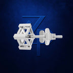 A pair of silver geometric stud earrings with a star-like cage design and round backings, shown against a textured dark blue background with a stylized blue 'Z' logo.