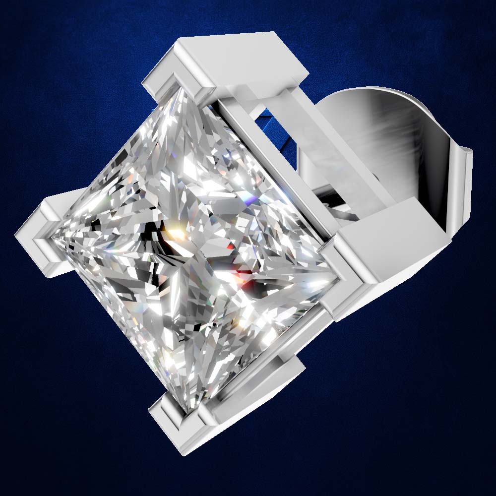 A radiant-cut diamond ring set in a polished silver-toned metal prong setting, shown at an angle against a dark blue textured background.