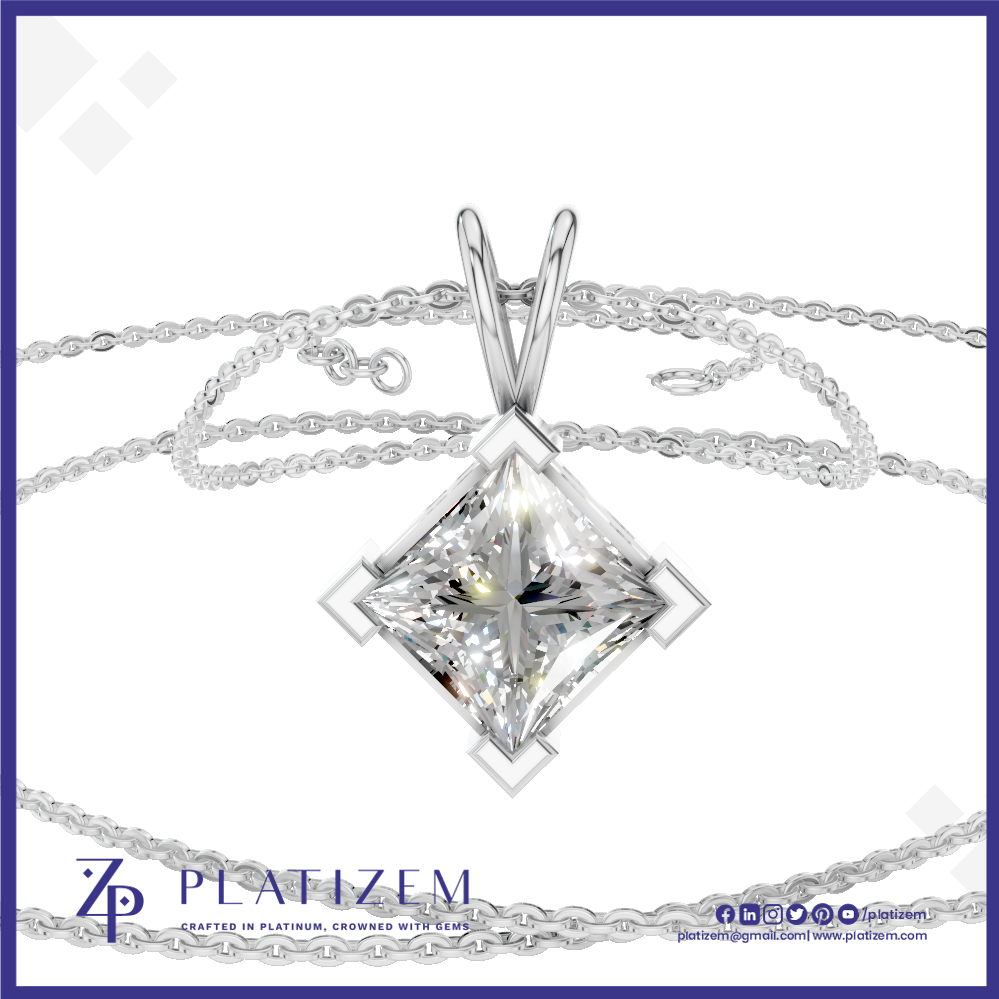 A silver-plated pendant necklace featuring a large, clear, square-cut princess-cut gemstone in a four-prong setting, suspended from a delicate silver chain. The brand logo 'PLATIZEM' is visible at the bottom of the image.