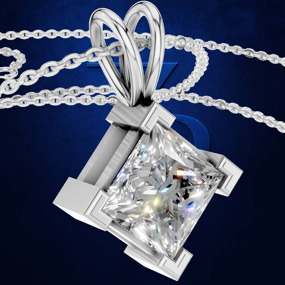 A silver-toned necklace with a princess-cut diamond pendant, shown against a dark blue textured background.