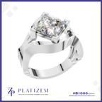 A silver-plated ring featuring a large princess-cut clear gemstone in a square bezel setting, displayed on a white background with a blue border and the brand name 'PLATIZEM' at the bottom.
