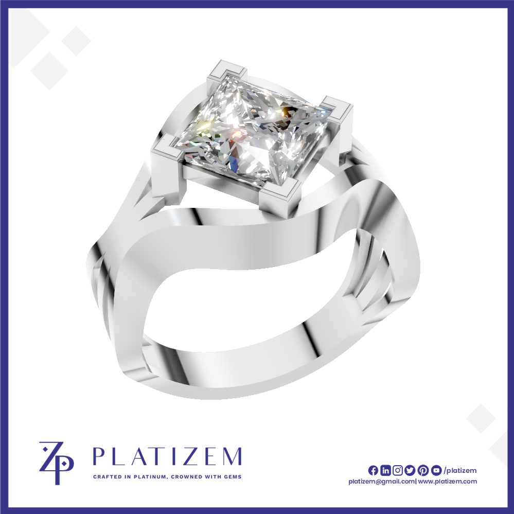 A silver-plated ring featuring a large princess-cut clear gemstone in a square bezel setting, displayed on a white background with a blue border and the brand name 'PLATIZEM' at the bottom.