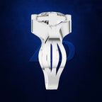 A white gold or platinum ring with a highly sculptural, symmetrical split-band design and a brilliant-cut gemstone, shown against a dark textured blue background.