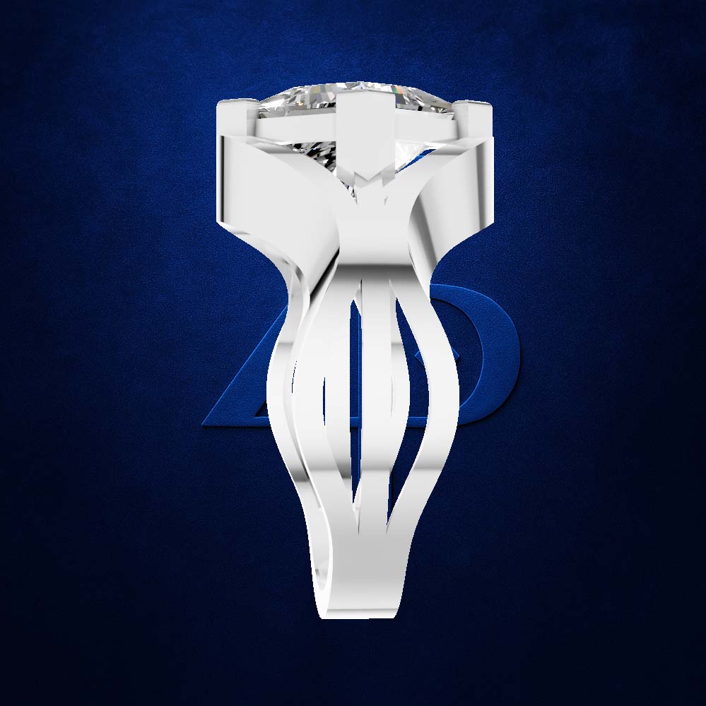 A white gold or platinum ring with a highly sculptural, symmetrical split-band design and a brilliant-cut gemstone, shown against a dark textured blue background.