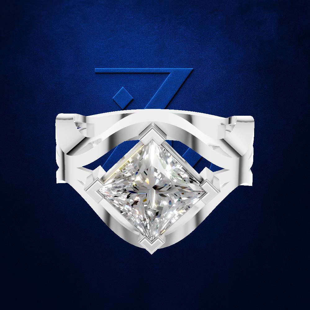 A silver-toned ring featuring a large, brilliant-cut diamond in a shield-like setting, presented on a textured dark blue background with a subtle stylized 'Z' logo behind it.