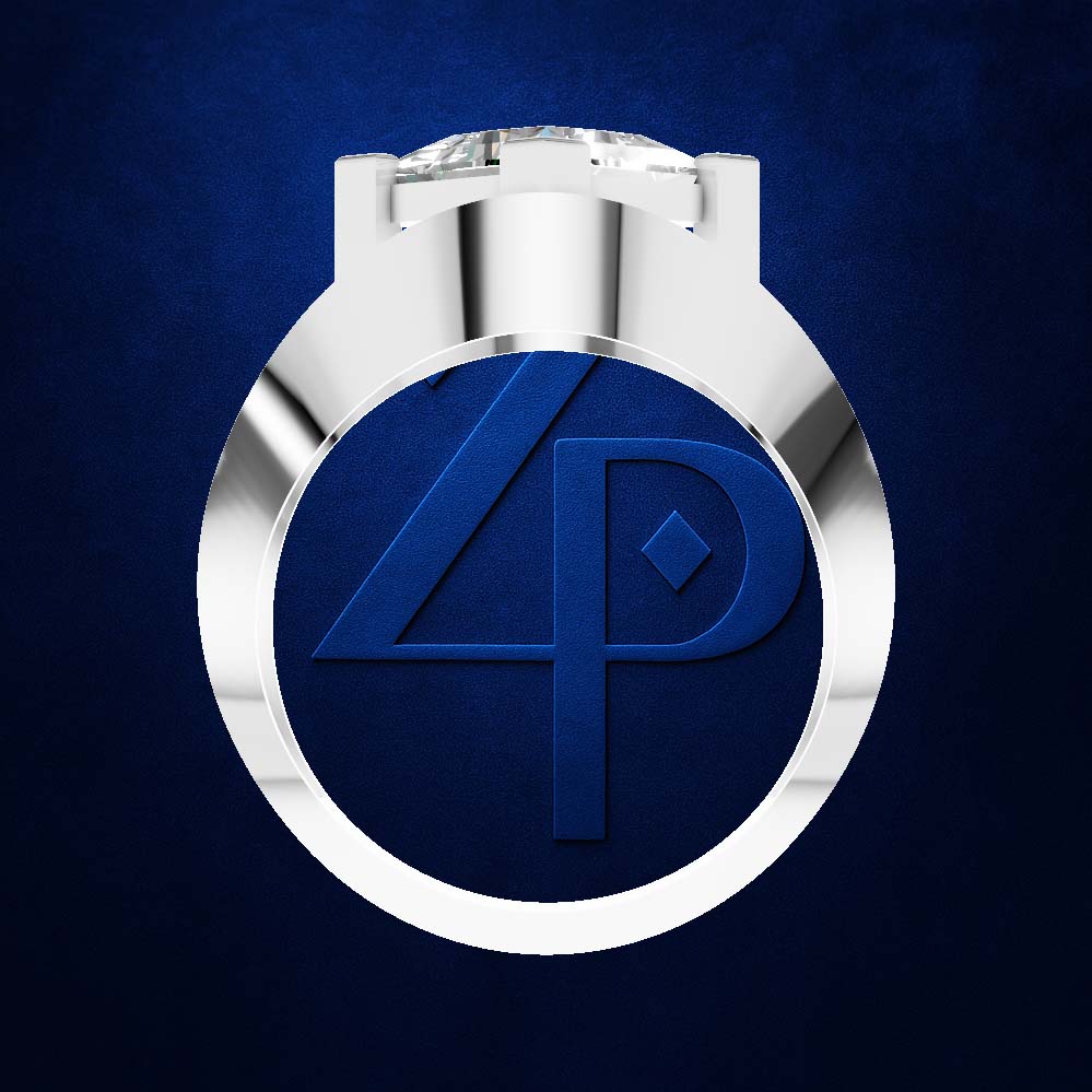 A polished silver-toned circular ring or medallion pendant with a large blue recessed center featuring a stylized '4P' emblem, shown on a dark blue textured background.