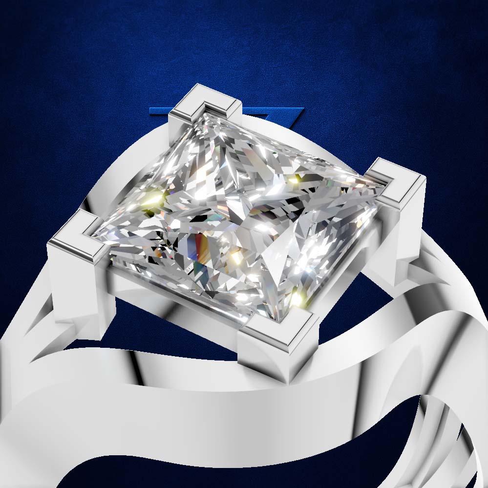 A close-up studio render of a silver-toned ring with a large clear rectangular gemstone in a square prong setting, shown against a deep blue background.