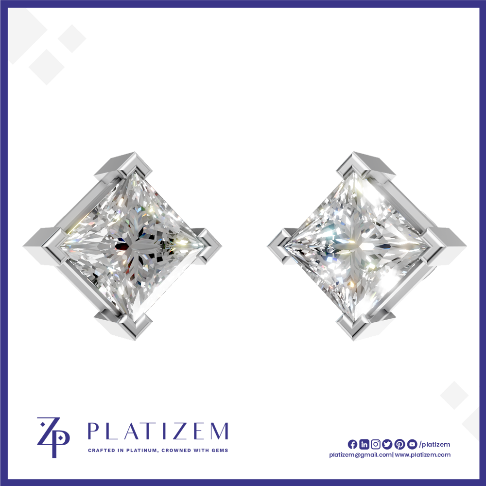 A pair of diamond-shaped stud earrings with brilliant clear gemstones in a silver-toned setting, shown on a white background with the brand name PLATIZEM at the bottom.