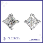 A pair of diamond-shaped stud earrings with brilliant clear gemstones in a silver-toned setting, shown on a white background with the brand name PLATIZEM at the bottom.