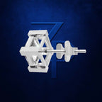 A pair of white geometric stud earrings with a three-dimensional triangular cage design, shown against a dark textured blue background with a stylized blue 'ZP' logo.