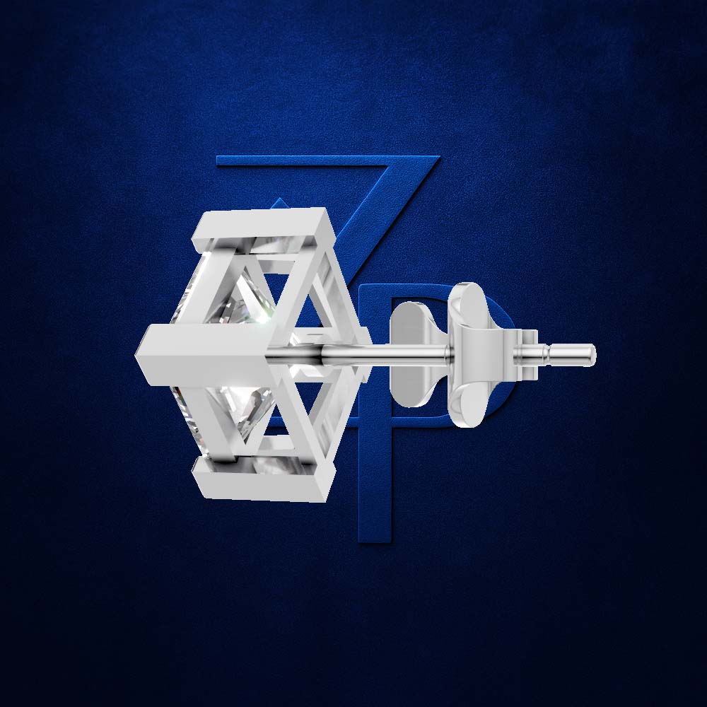 A pair of white geometric stud earrings with a three-dimensional triangular cage design, shown against a dark textured blue background with a stylized blue 'ZP' logo.