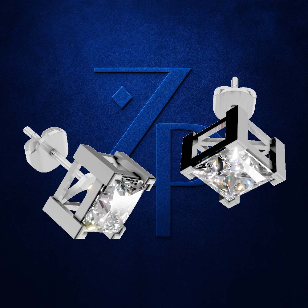 A pair of silver-toned geometric stud earrings with clear faceted crystal cubes, shown against a dark blue textured background with a large stylized '7P' logo.