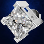A brilliant diamond-cut gemstone in a polished silver-toned setting, shown at an angle against a dark blue textured background.