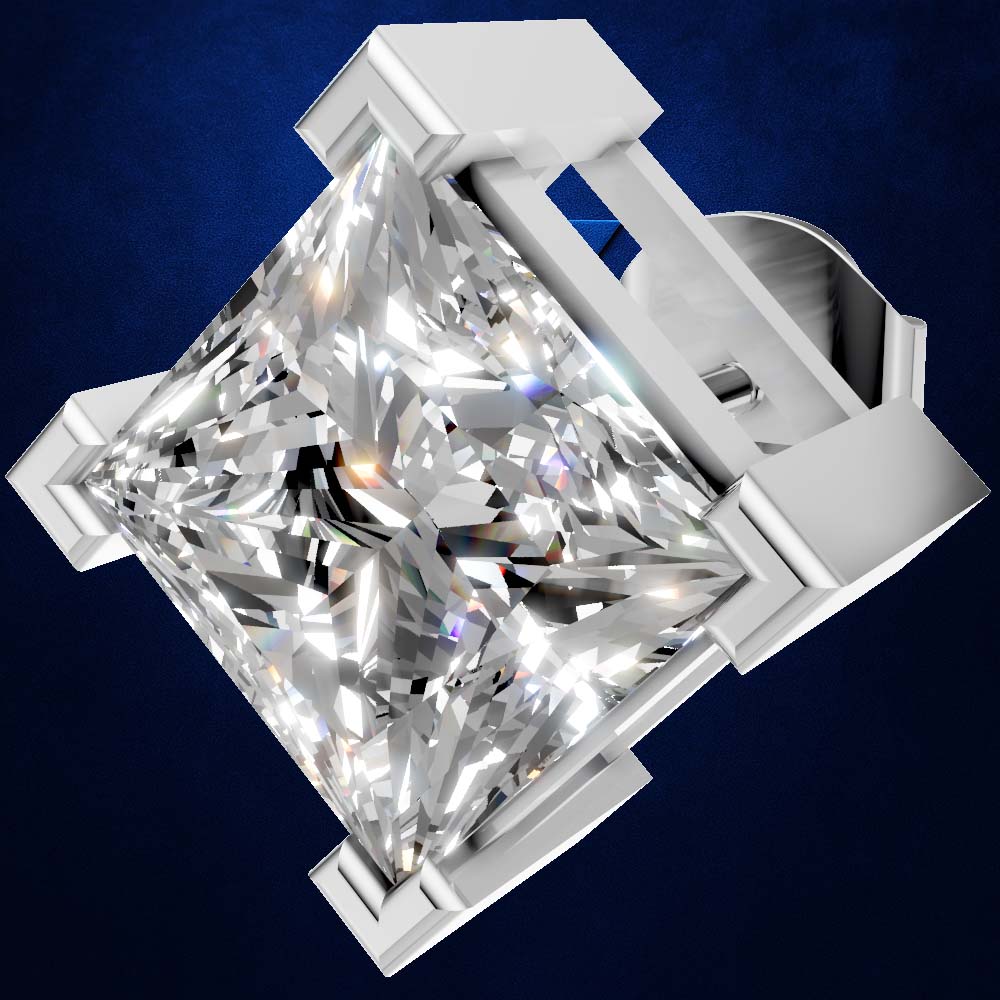 A brilliant diamond-cut gemstone in a polished silver-toned setting, shown at an angle against a dark blue textured background.
