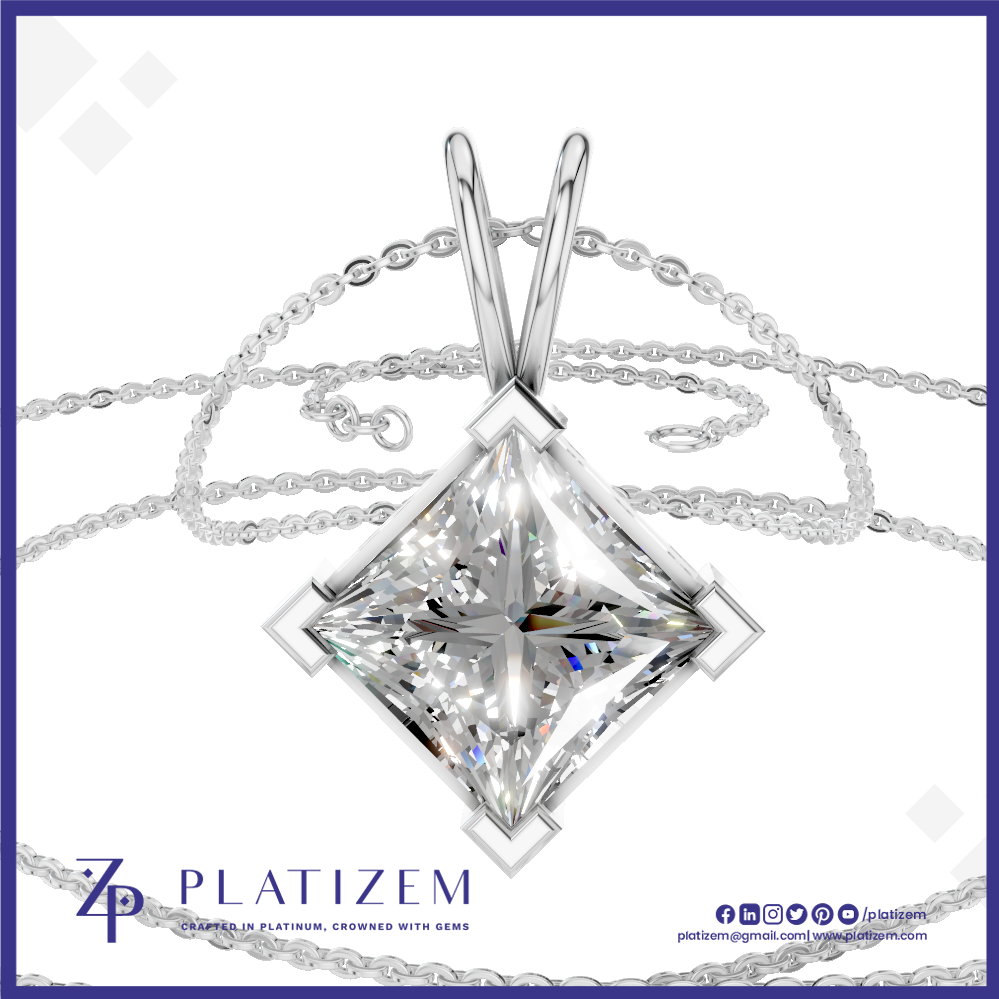 A silver pendant necklace featuring a large, clear, diamond-cut gemstone in a four-prong setting, suspended from a delicate silver chain. The brand name 'PLATIZEM' is visible at the bottom of the image.