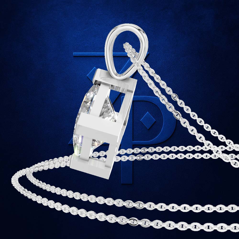 A silver-toned pendant necklace featuring a large, openwork geometric letter H pendant with a clear faceted center stone, suspended from a thick silver curb chain against a textured dark blue background.