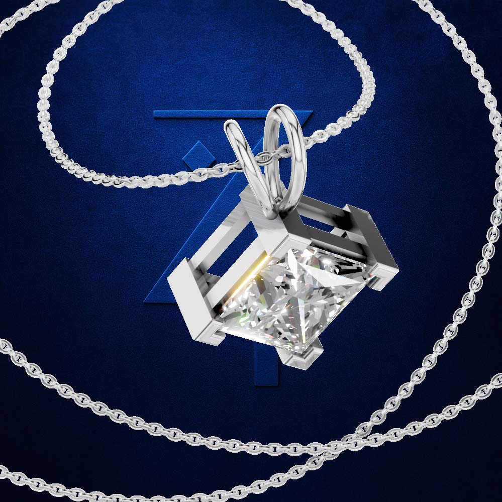 A silver-toned necklace with a geometric open-frame pendant holding a large clear faceted gemstone, shown on a dark blue background with a stylized blue 'Z' logo.