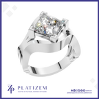 A silver-plated square princess-cut diamond ring by Platzem, featuring a split-band design and a brilliant center stone, shown on a white background with a blue border.