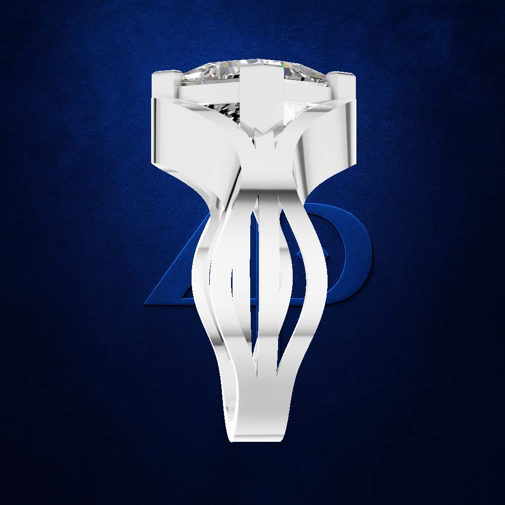 A silver-toned men's ring with a geometric, sculptural band and a large clear gemstone in a prong setting, shown against a dark textured blue background.