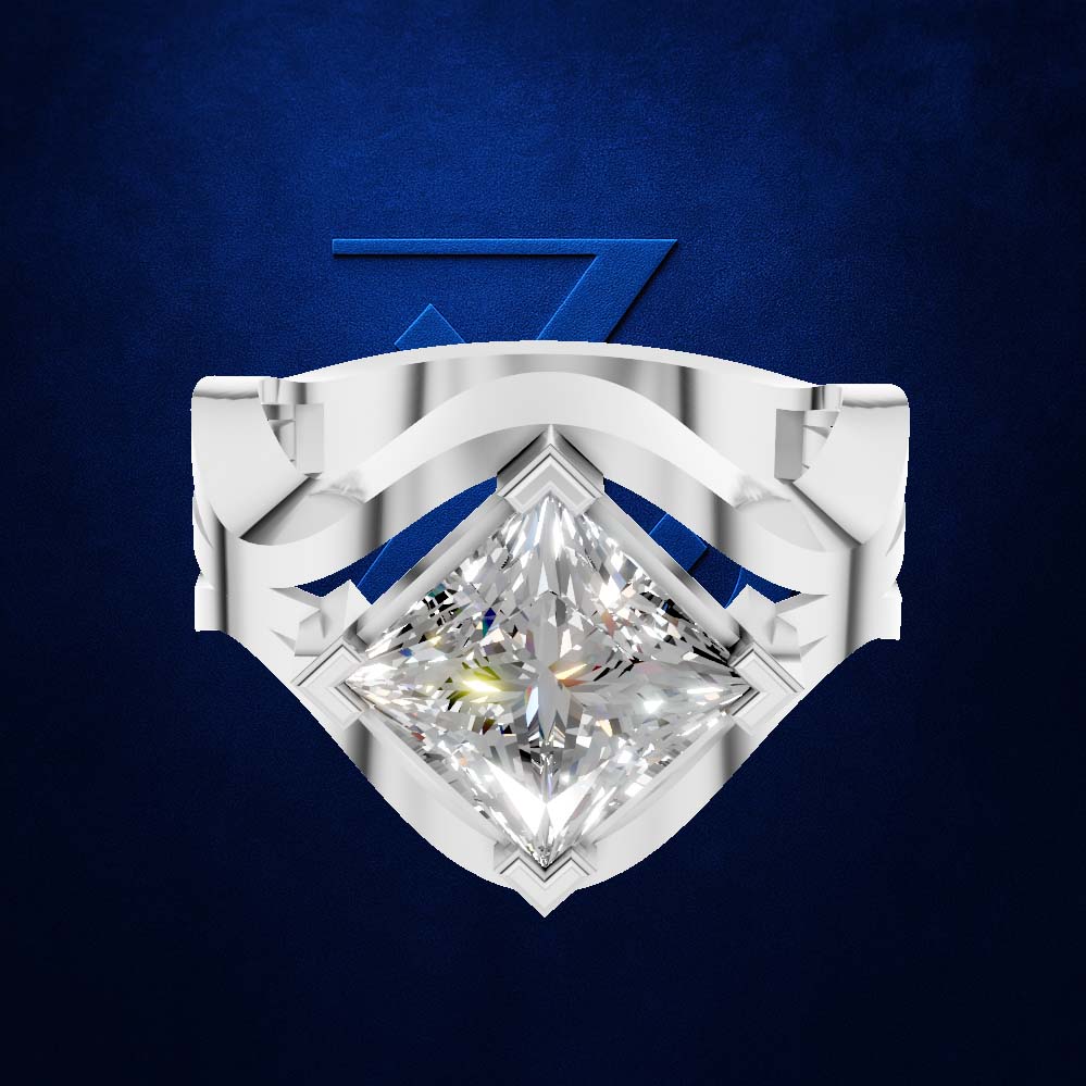 A silver-toned ring featuring a large, brilliant-cut clear gemstone in a diamond shape, set against a textured dark blue background with a subtle blue geometric logo behind it.