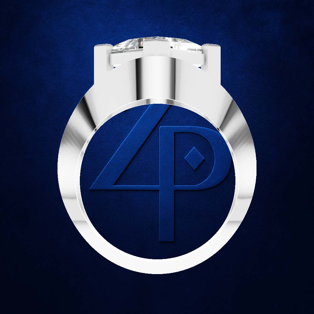A polished silver-toned ring with a large round clear gemstone and a deep blue inlay featuring a stylized '4P' emblem, set against a textured dark blue background.
