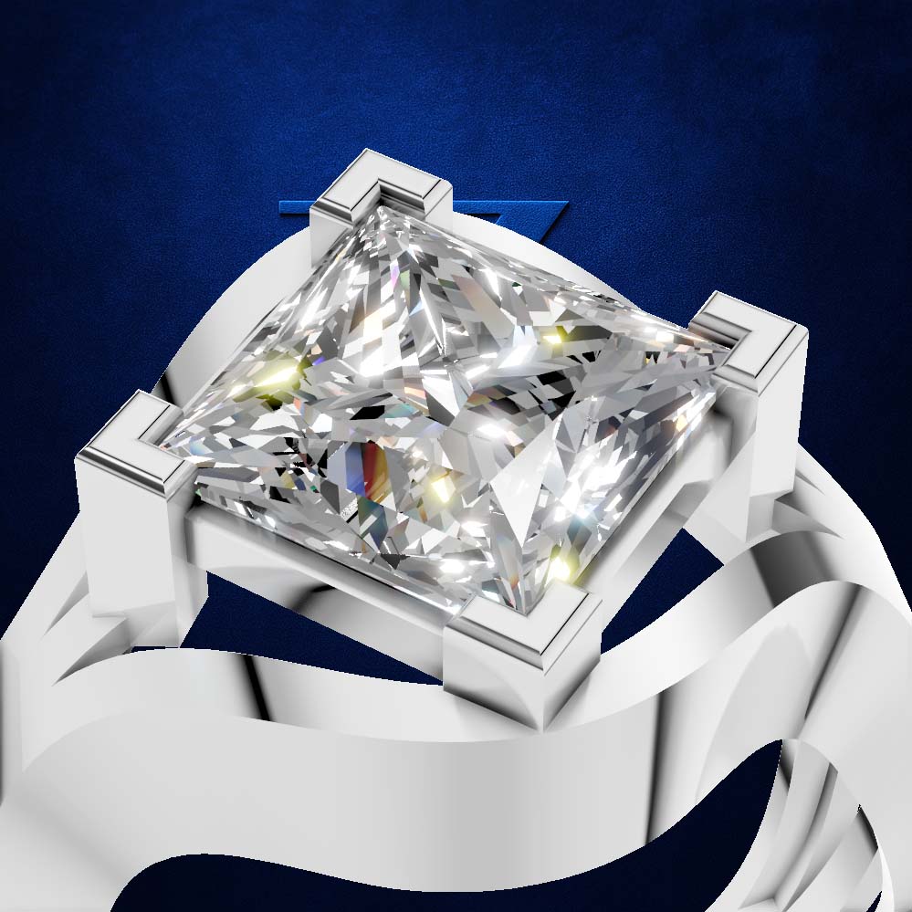 A radiant cut diamond ring in a silver-toned setting with a white ribbon-like band, shown against a dark blue textured background.