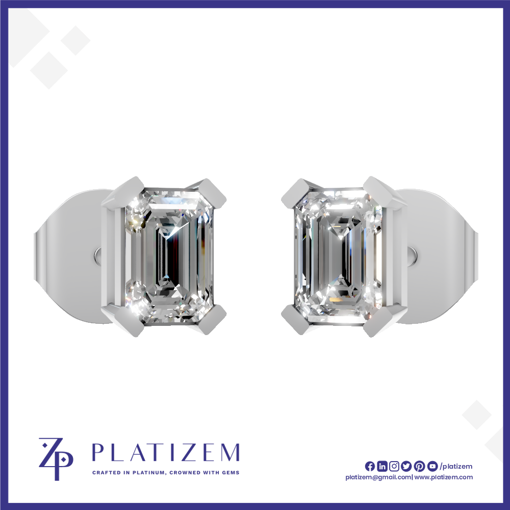 A pair of emerald-cut diamond stud earrings in a silver-toned setting, displayed on a white background with a blue border and the Platizem brand logo at the bottom.