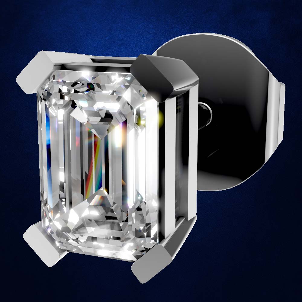 A single emerald-cut diamond stud earring in a polished silver-toned setting, shown against a dark blue textured background.