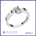 A platinum engagement ring featuring an emerald-cut diamond center stone, presented on a white background with a blue border and the brand name 'PLATIZEM' at the bottom.
