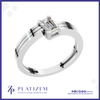 A platinum engagement ring featuring an emerald-cut diamond center stone, presented on a white background with a blue border and the brand name 'PLATIZEM' at the bottom.