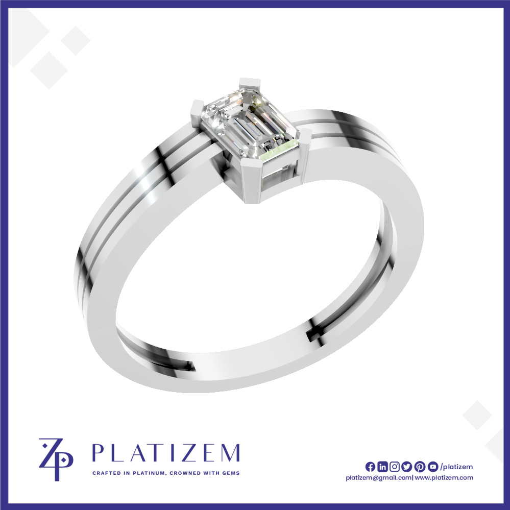 A platinum engagement ring featuring an emerald-cut diamond center stone, presented on a white background with a blue border and the brand name 'PLATIZEM' at the bottom.