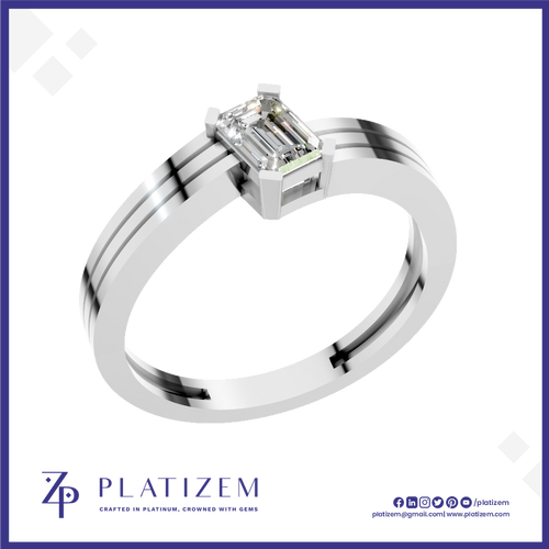 A platinum engagement ring featuring an emerald-cut diamond center stone, presented on a white background with a blue border and the brand name 'PLATIZEM' at the bottom.