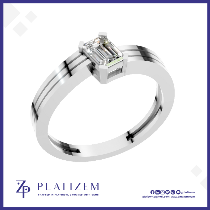 A platinum engagement ring featuring an emerald-cut diamond center stone, presented on a white background with a blue border and the brand name 'PLATIZEM' at the bottom.