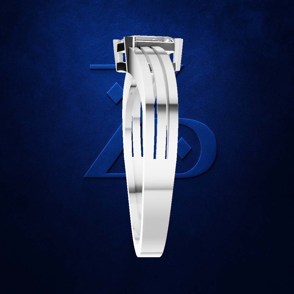 A white silicone watch band with a silver metal buckle, shown vertically against a textured dark blue background.