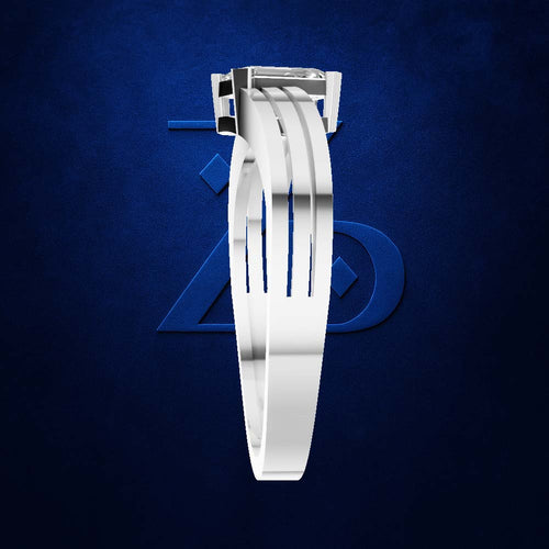 A white silicone watch band with a silver metal buckle, shown vertically against a textured dark blue background.