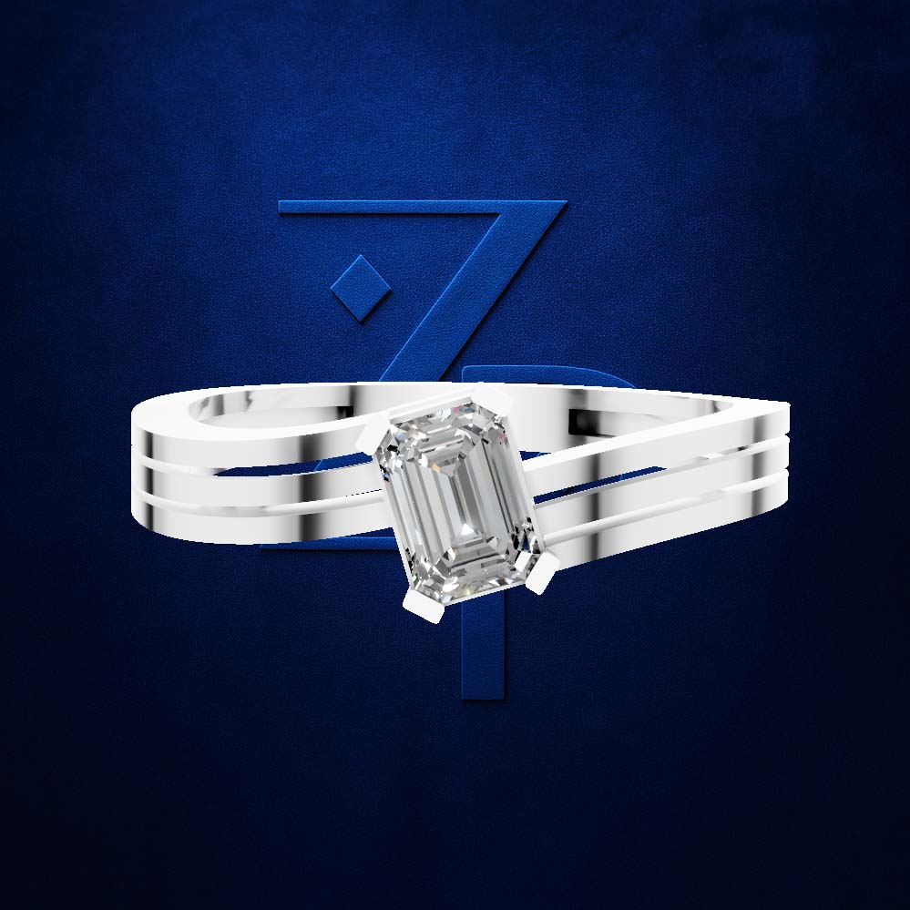 A silver-toned ring with a large rectangular emerald-cut clear gemstone, shown against a dark blue textured background with a large blue stylized 'Z' logo behind it.