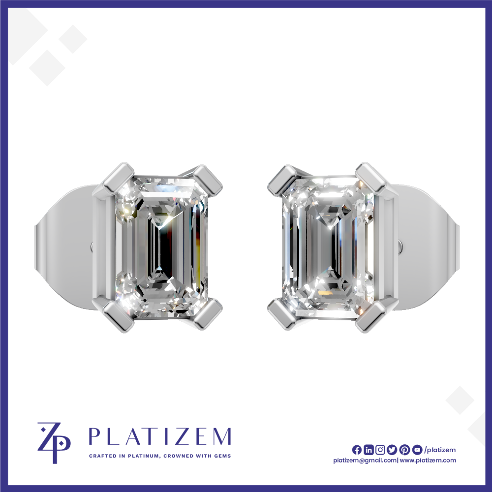 A pair of platinum stud earrings with emerald-cut clear gemstones, displayed on a white background with the brand name PLATIZEM at the bottom.