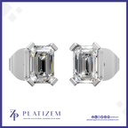 A pair of platinum stud earrings with emerald-cut clear gemstones, displayed on a white background with the brand name PLATIZEM at the bottom.
