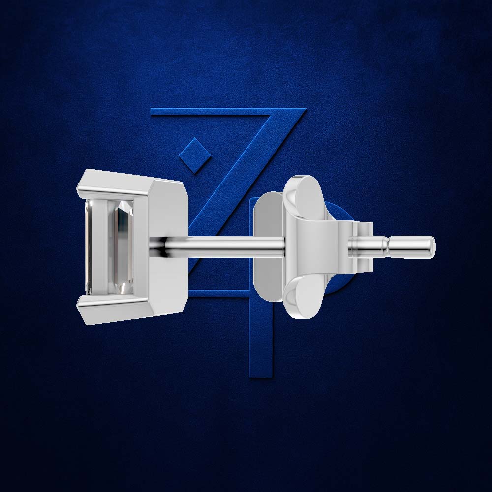 A polished silver-toned metal post and ring holder set against a textured dark blue background with a subtle blue geometric logo behind it.