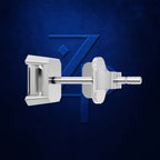 A polished silver-toned metal post and ring holder set against a textured dark blue background with a subtle blue geometric logo behind it.