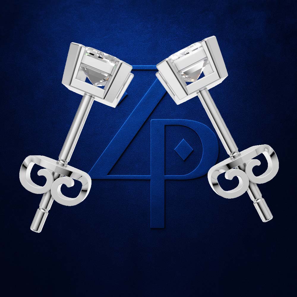A pair of silver-toned stud earrings with square clear gemstones and decorative scroll-shaped backings, arranged symmetrically in front of a dark blue background with a large stylized blue 'AP' logo.