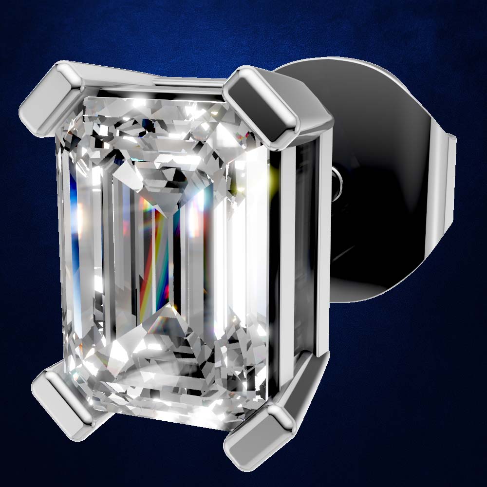 An emerald-cut diamond stud earring in a polished silver-colored metal setting, shown against a dark blue textured background.
