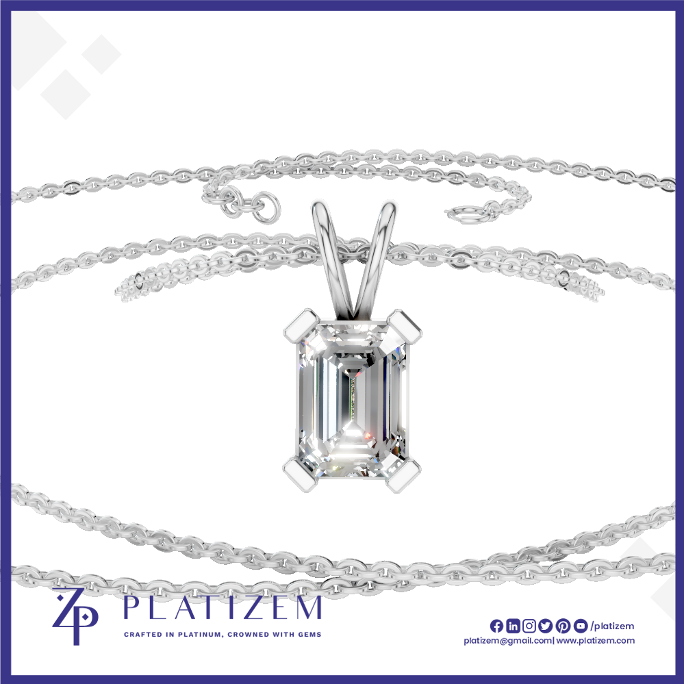 A silver-plated necklace with an emerald-cut clear gemstone pendant, displayed on a white background with the brand name PlatiZem visible at the bottom.