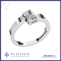 A platinum solitaire ring featuring an emerald-cut diamond in a prong setting, presented on a white background with a blue border and the brand name 'PLATIZEM' at the bottom.